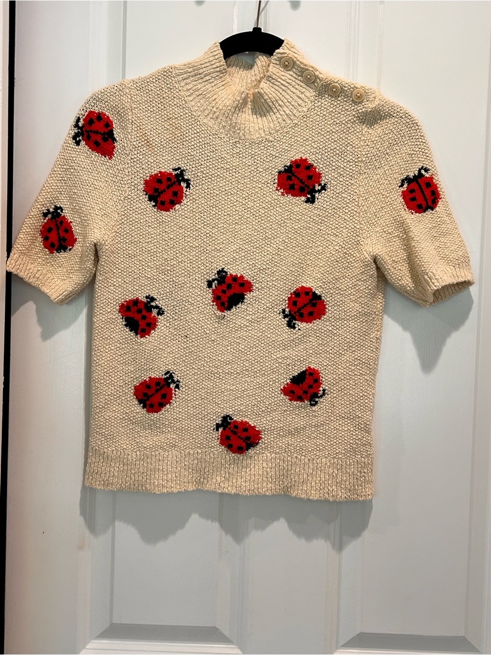 Maeve Anthropologie Ladybug Sweater Top Small Cream Mock Neck Short Sleeve Knit - Picture 5 of 6